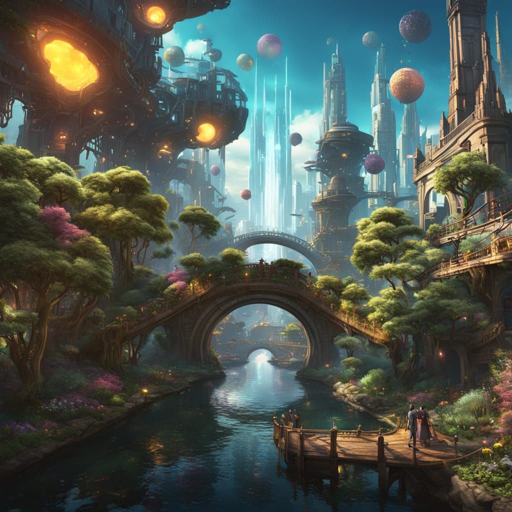 Solarpunk Cityscape with Fantastical Bridge and Garden