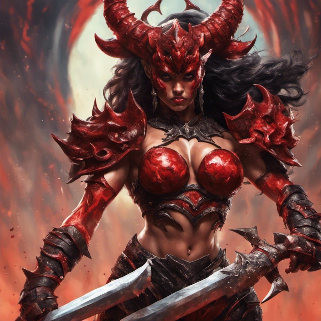 Hyperrealistic Demon Lady Warrior in Granite Armor