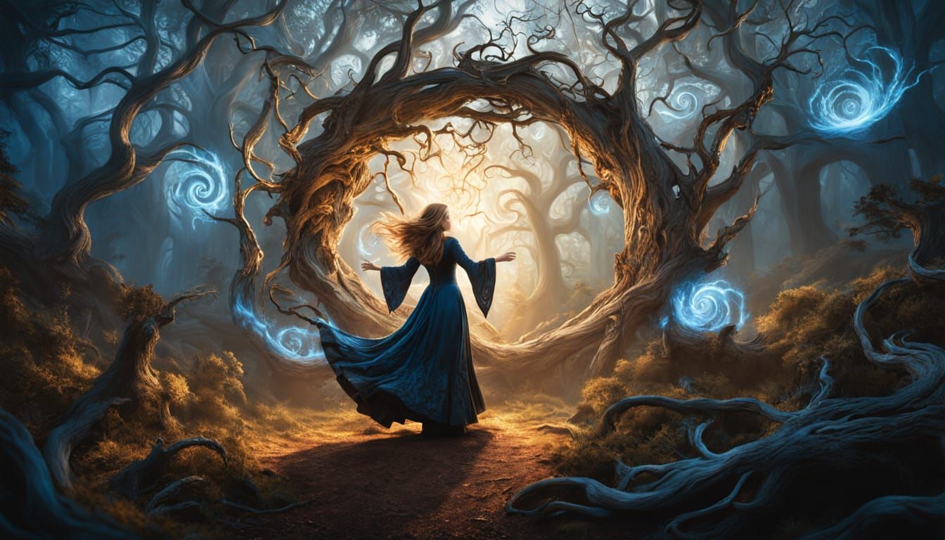 Ethereal Sorceress Conjures Celestial Vortex in Ancient Fore...