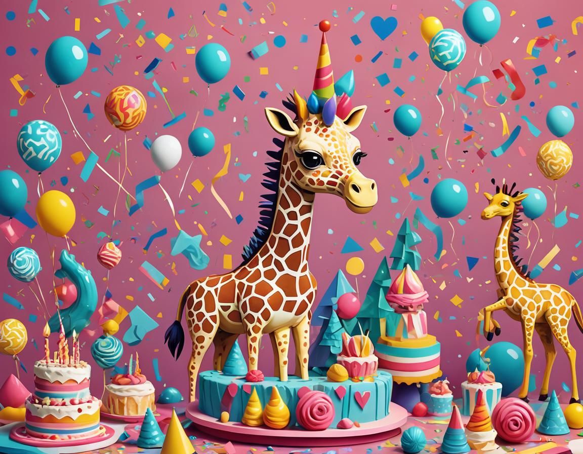 Pop Art Birthday Cake Topped with Giraffe, Unicorn, Dinosaur