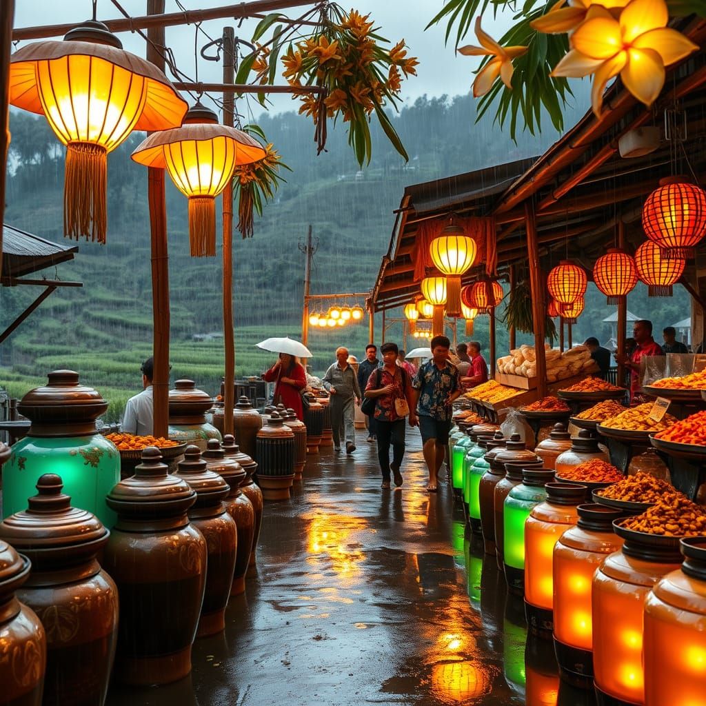 Rain-Soaked Spice Bazaar in Ubud, Indonesia