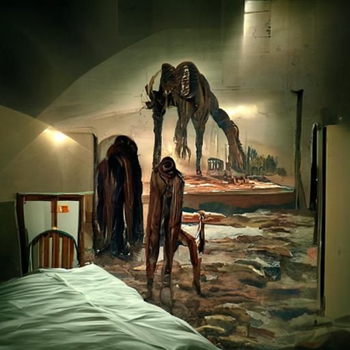 Creepy Motel with Giants in Oil Painting Style