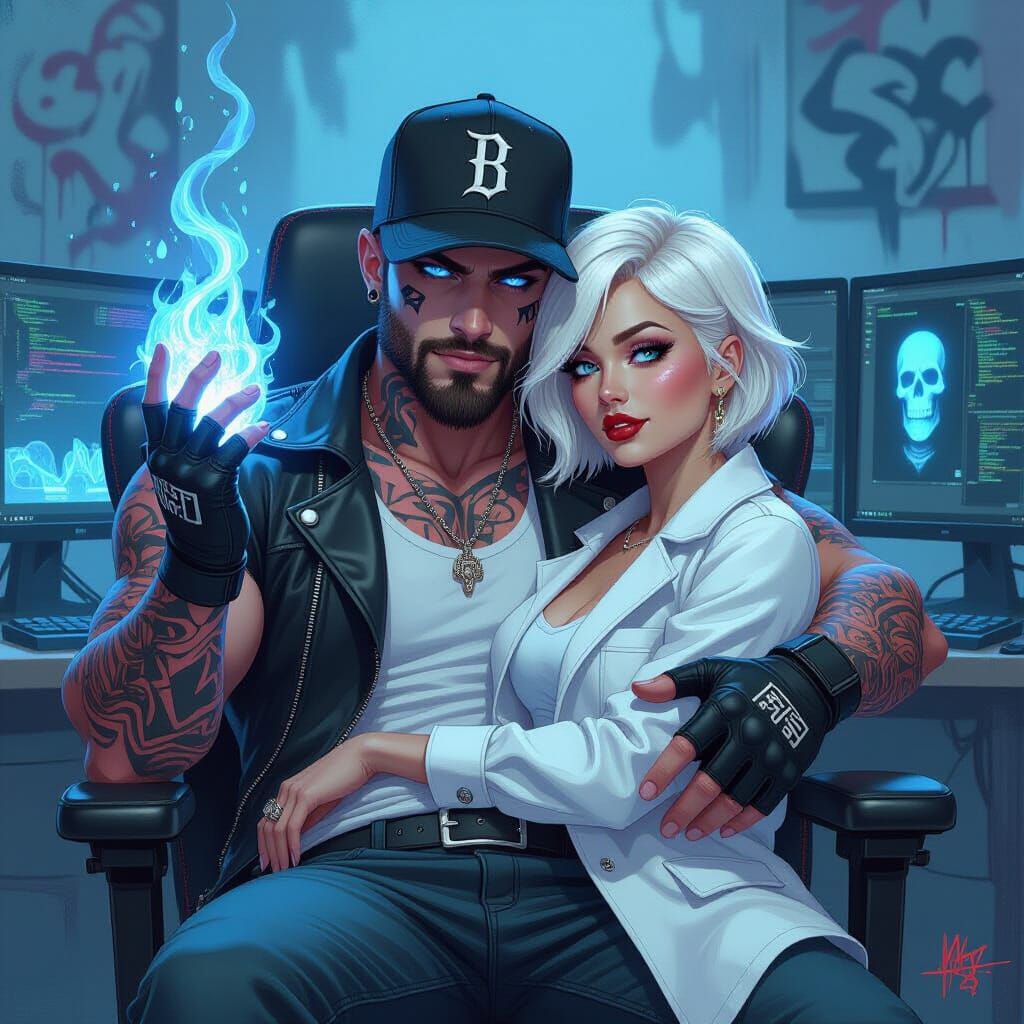 Vampire and Ghost Embrace in Graffiti Art Style