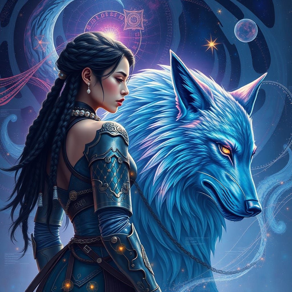 Warrior Woman with Mythical Wolf in Cosmic Landscape