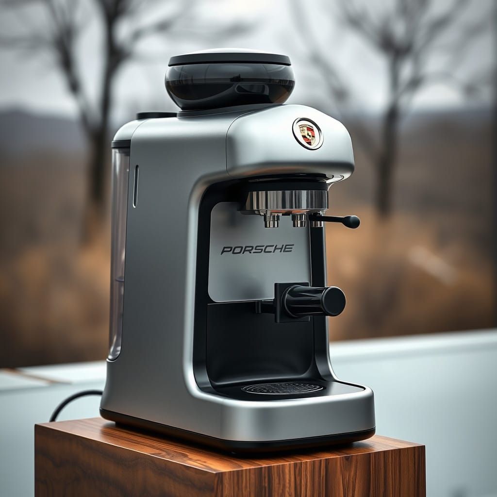 Elegant Porsche-Inspired Coffee Maker in a Serene Outdoor Se...
