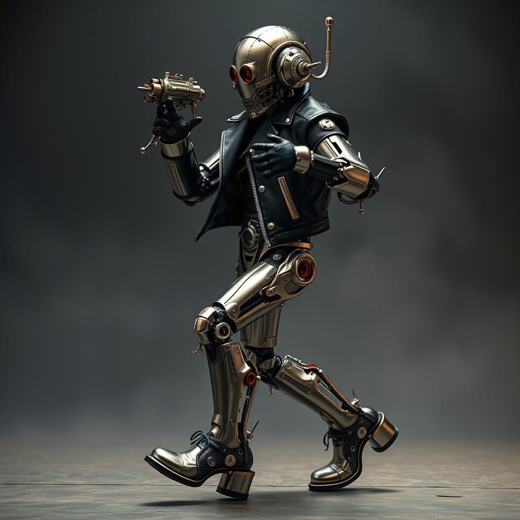 Mechanical Robot Dances to Heavy Metal in Dark Industrial St...