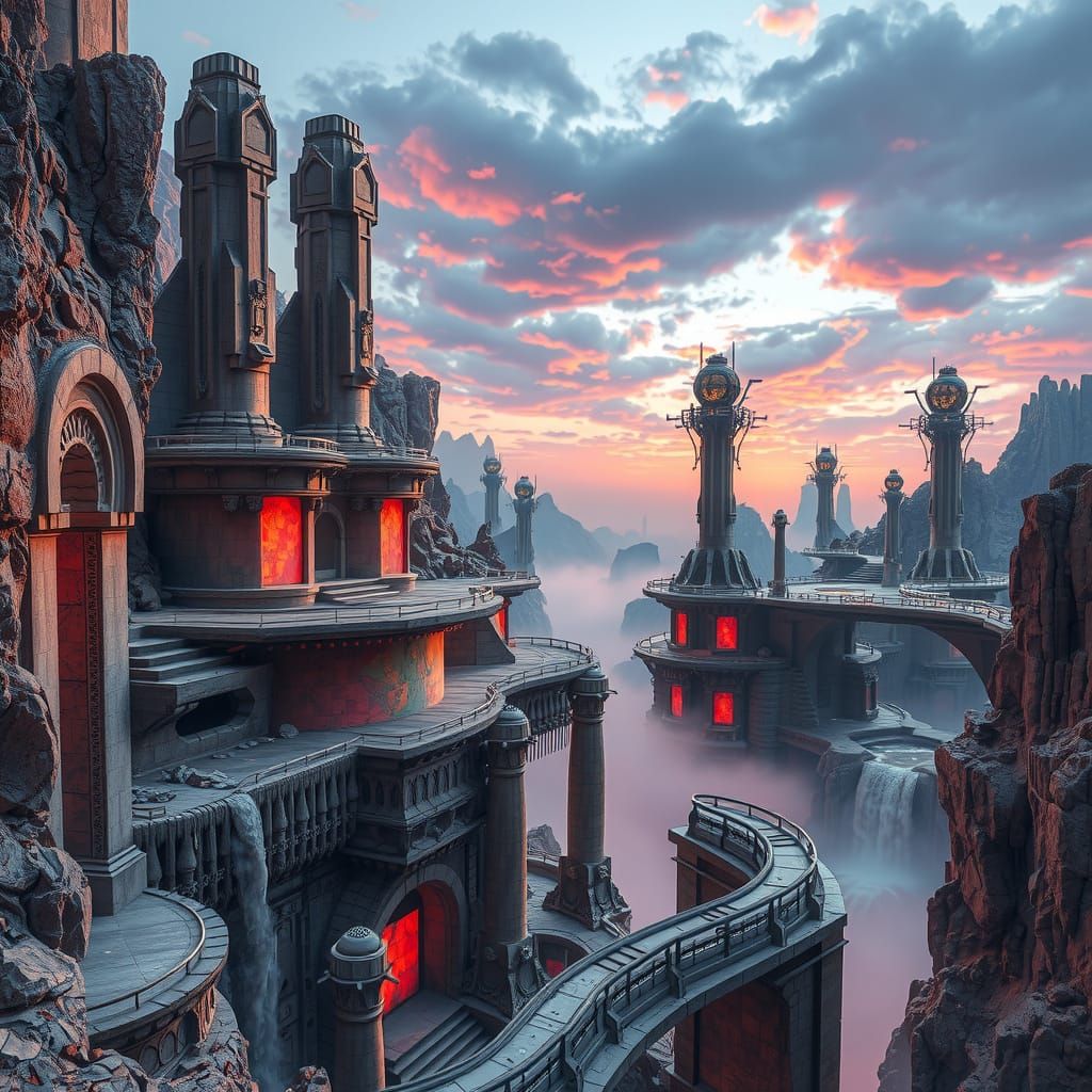 Surreal Sci-Fi City Ruins with Waterfalls in Mandelbulb Styl...