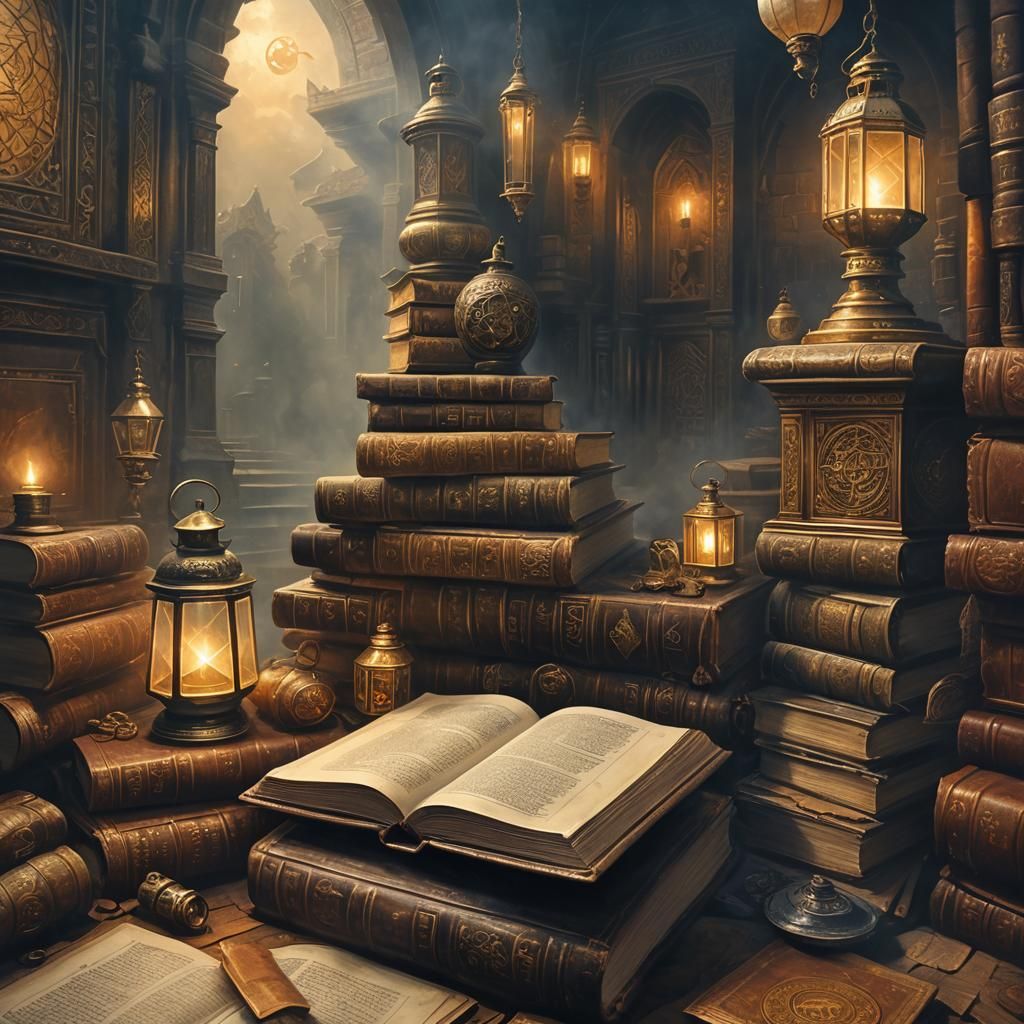 Mystical Tomes in Misty Ruins: Ethereal Fantasy Art