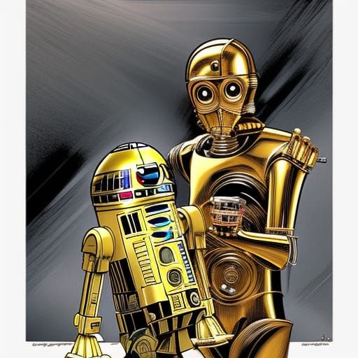 C3PO and R2D2 as Comic Book Art