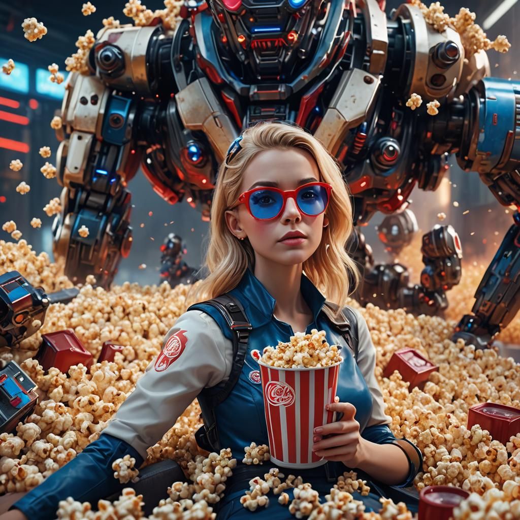 Futuristic Blonde Woman Watching Movie in Sci-Fi Style