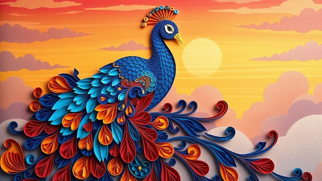 Quilled Paper Peacock with Sunset Sky