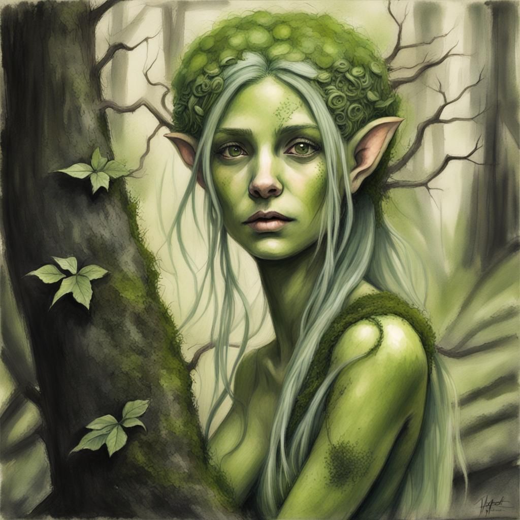 Wood Elf Female in Forest, Charcoal Drawing