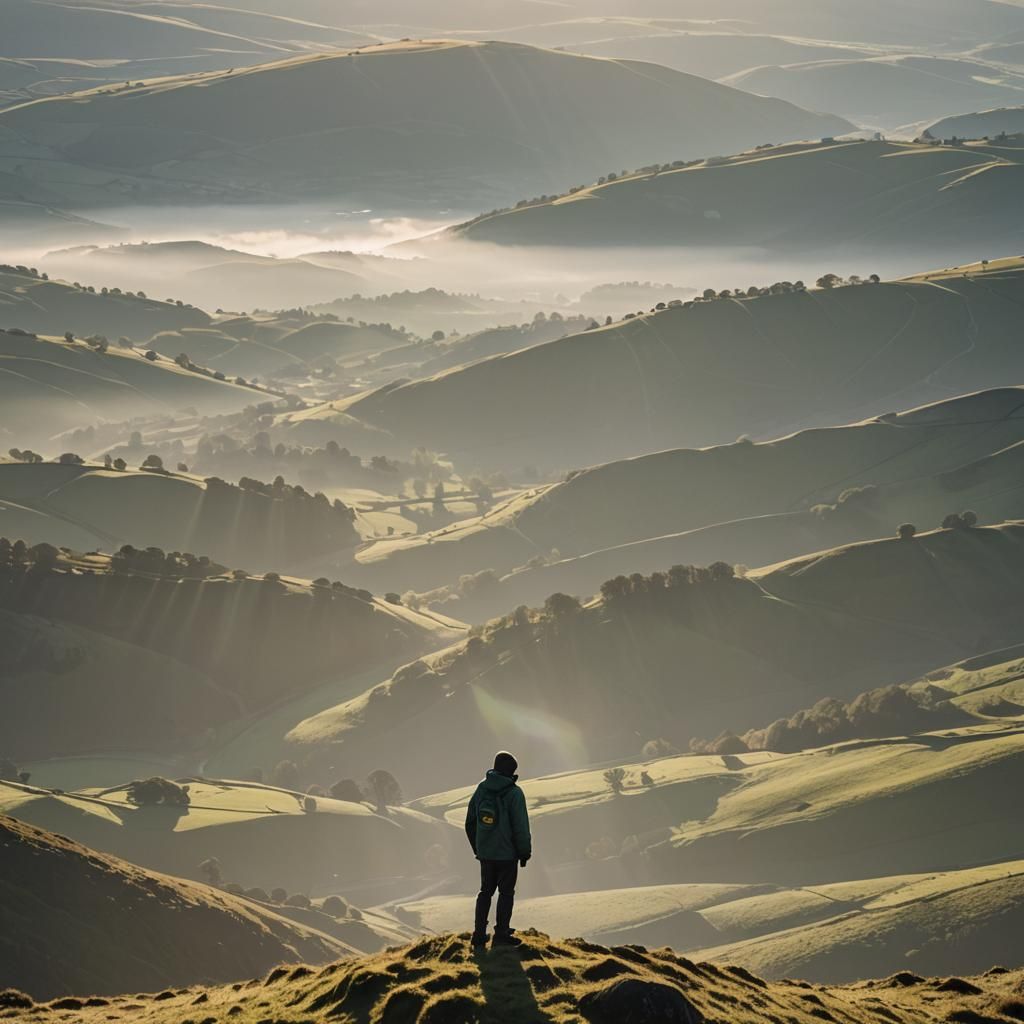 Boy on Hilltop in Mist, Early Morning Sun