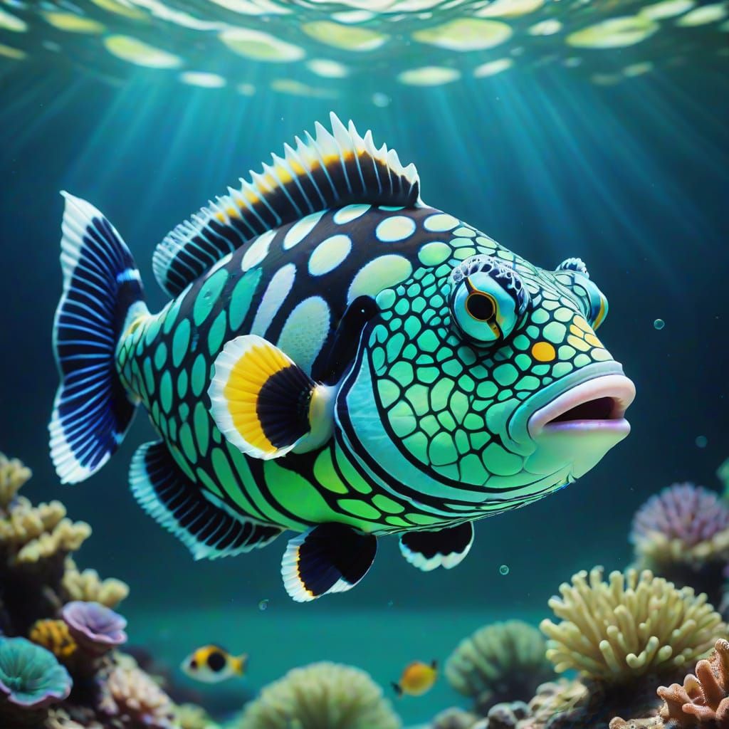 Surreal Clown Triggerfish in Abstract Underwater Scene