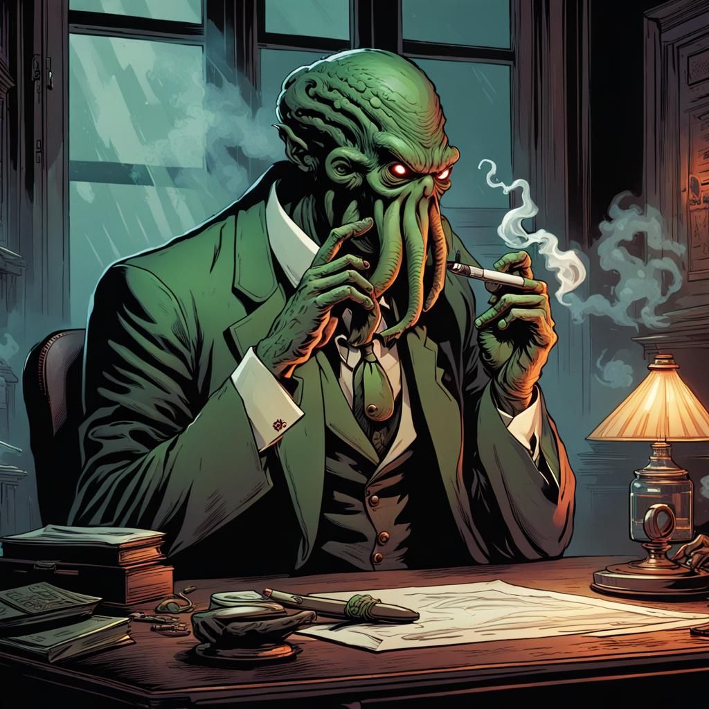 Cthulhu Smoking Cigar in Smoky Room, Comic Art