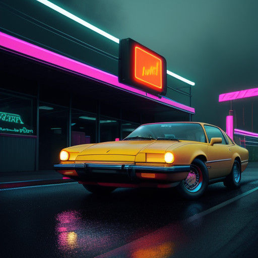 Retro Futuristic Car Parked on Rainy Countryside Road