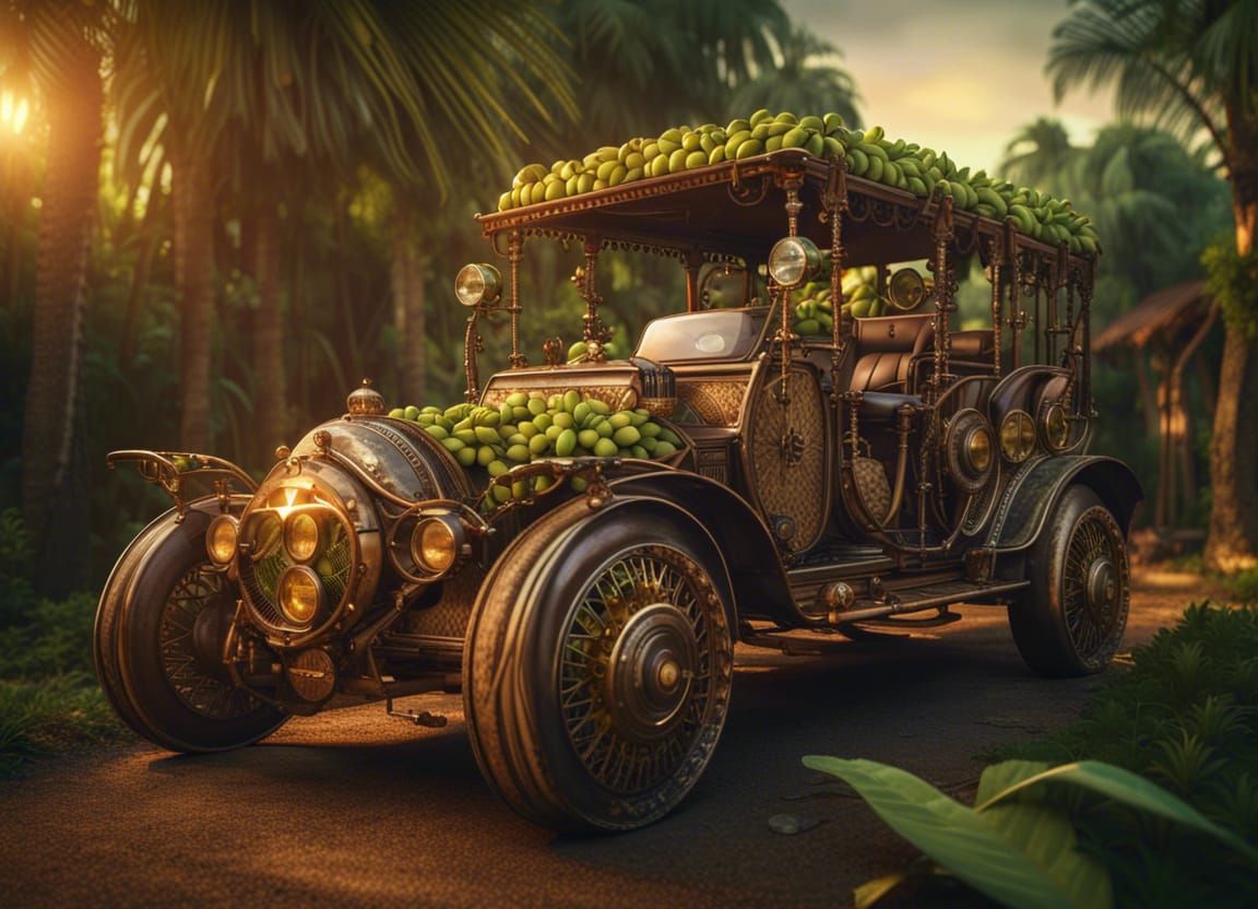 Banana Chimpanzee Drives Jungle Steampunk Car