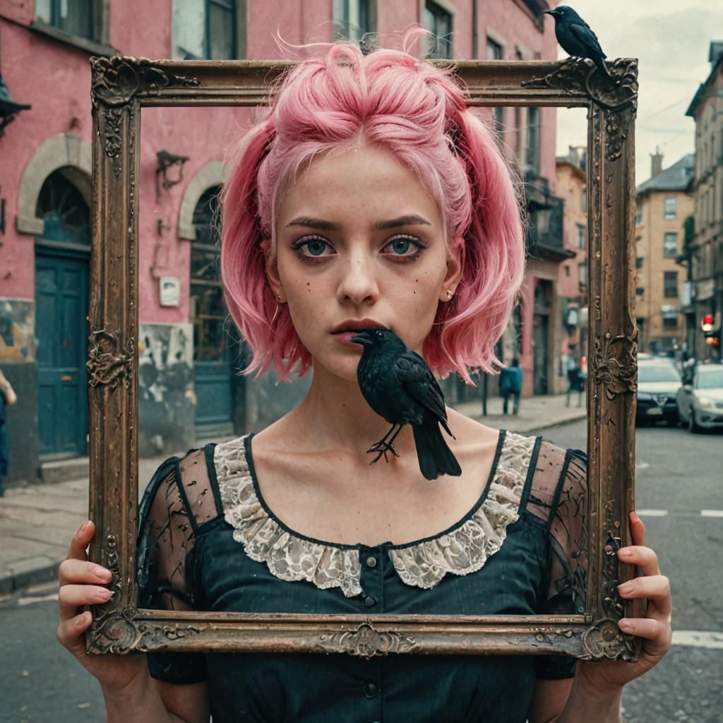 Woman Holding Portrait with Bird, Detailed Matte Painting