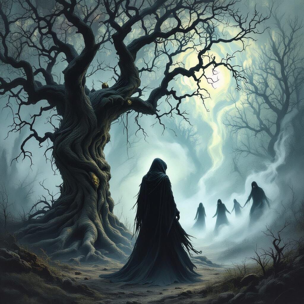 Solitary Witch in Mystical Forest, Dark Fantasy Style