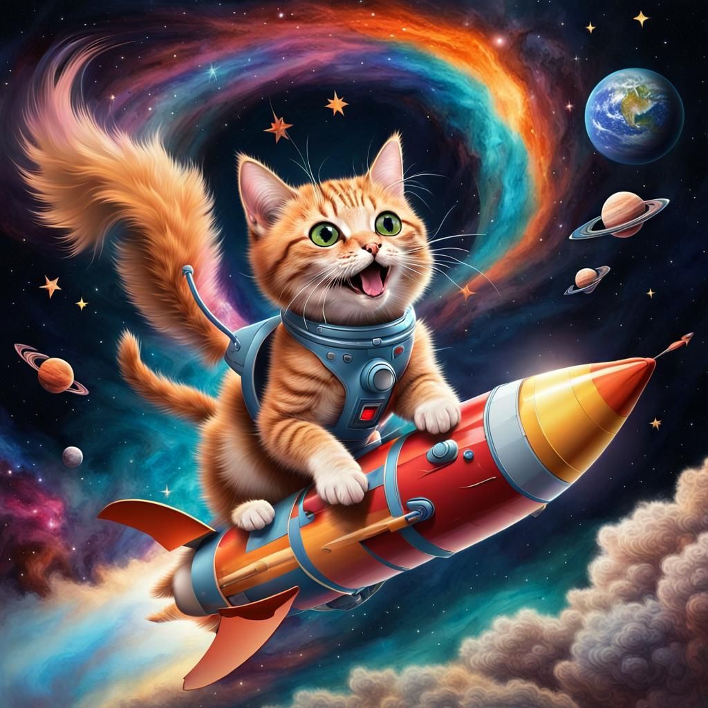 Cat's Cosmic Voyage on a Rocket in Space