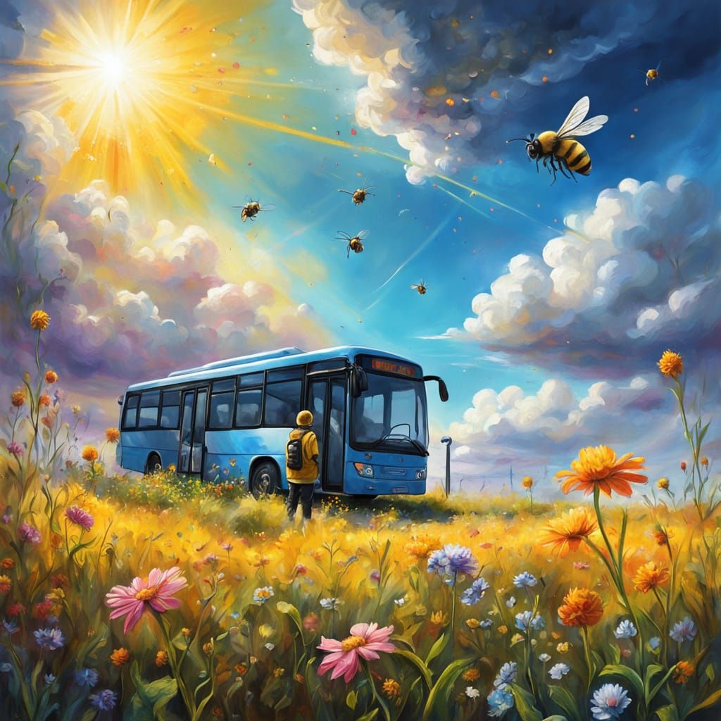 Surreal Bus Stop Scene in Oil Painting Style
