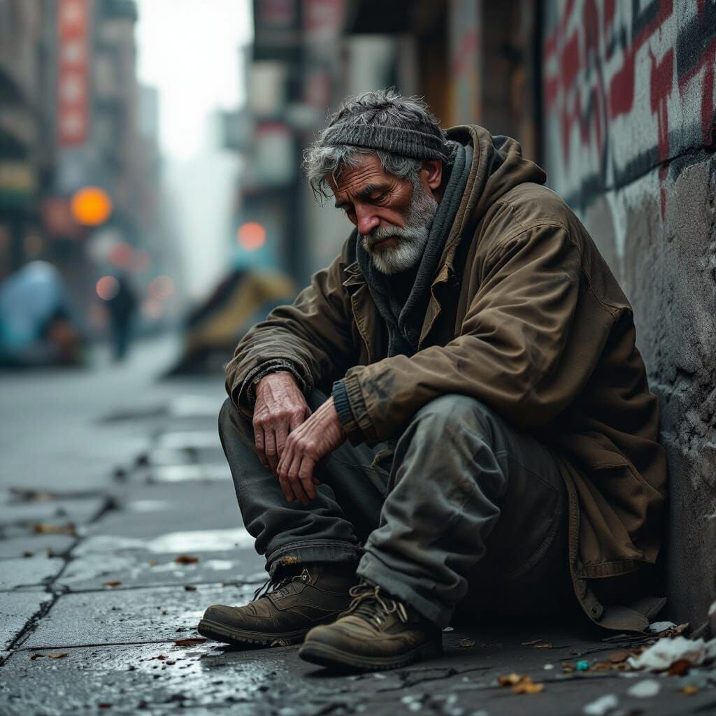 Sad Homeless Man in Somber Matte Painting