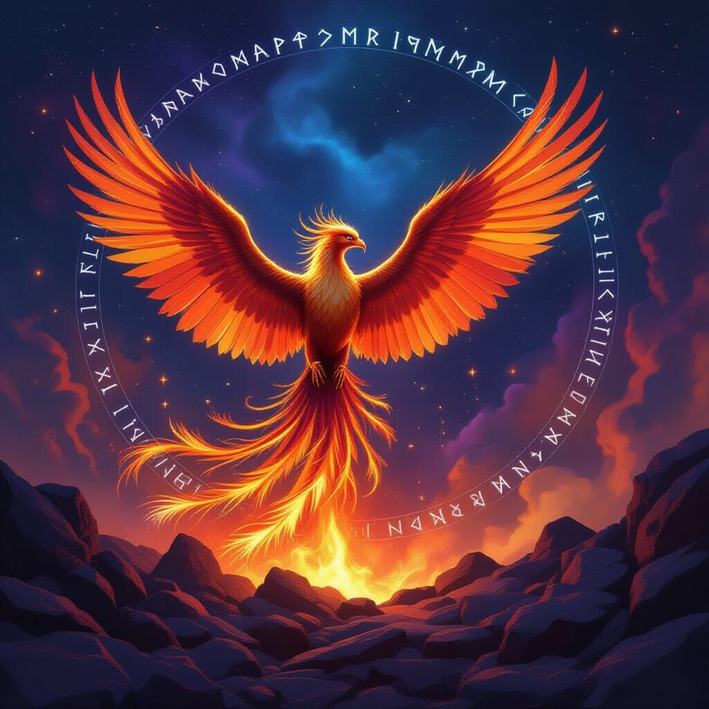 Majestic Phoenix Rises from Celestial Forge in Fantasy Art S...