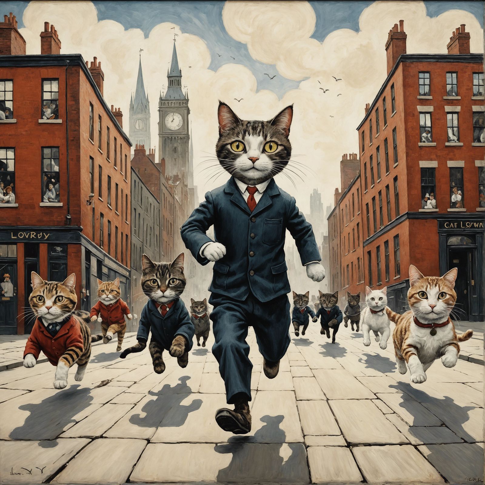 Anthropomorphic Cats Running a City in Lowry Style