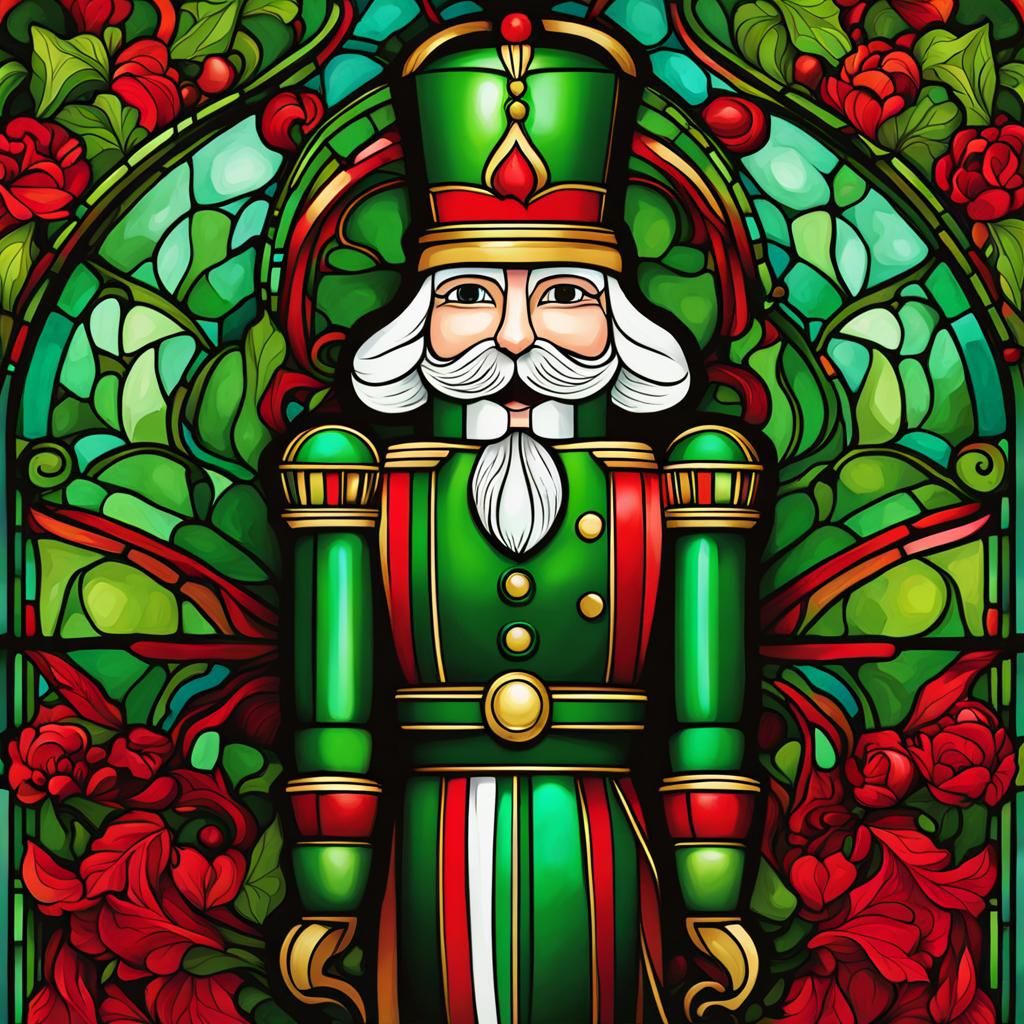 Colorful Stained Glass Christmas Nutcracker in Art Nouveau S...