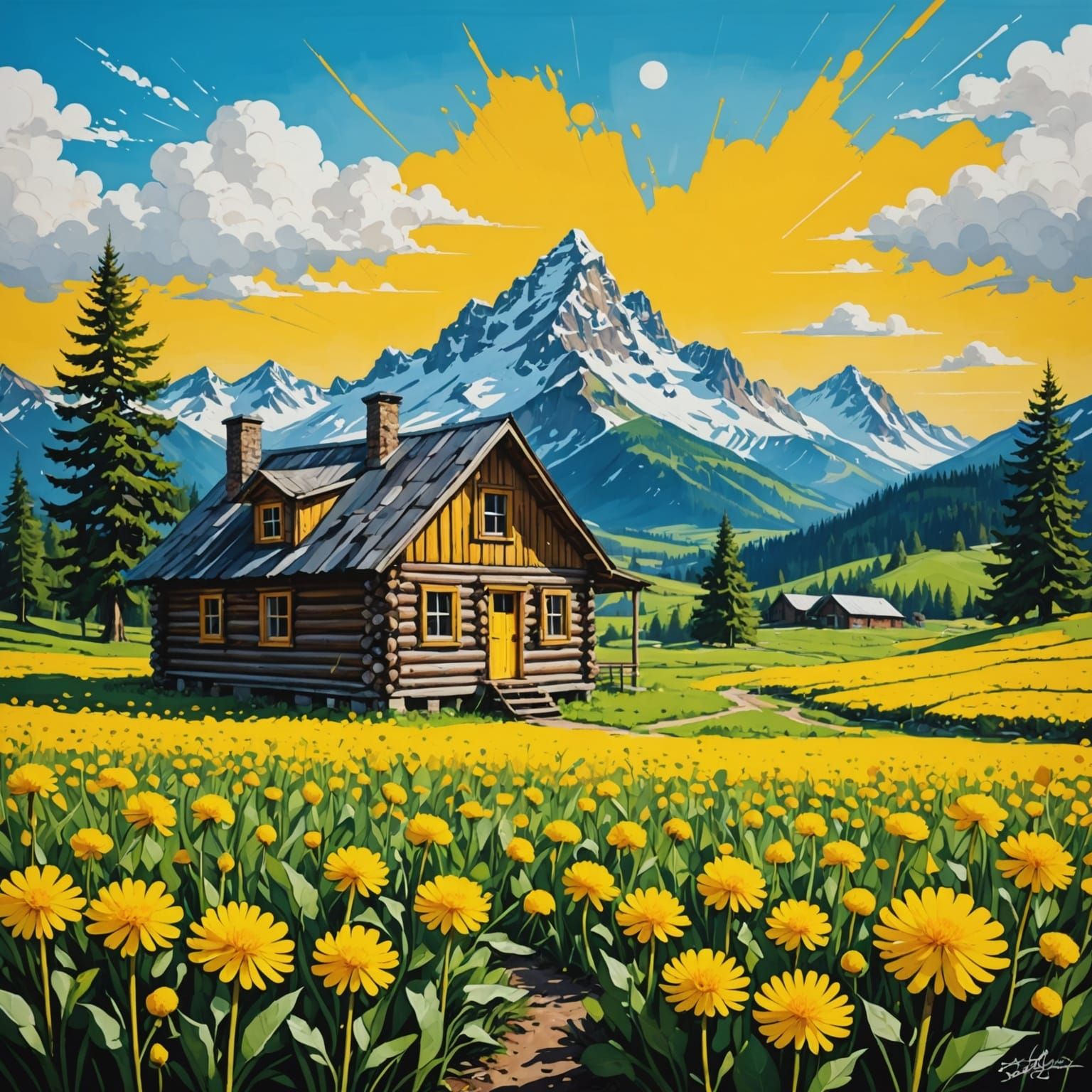 Vibrant Log Cabin in Dazzling Dandelion Field, Against a Maj...