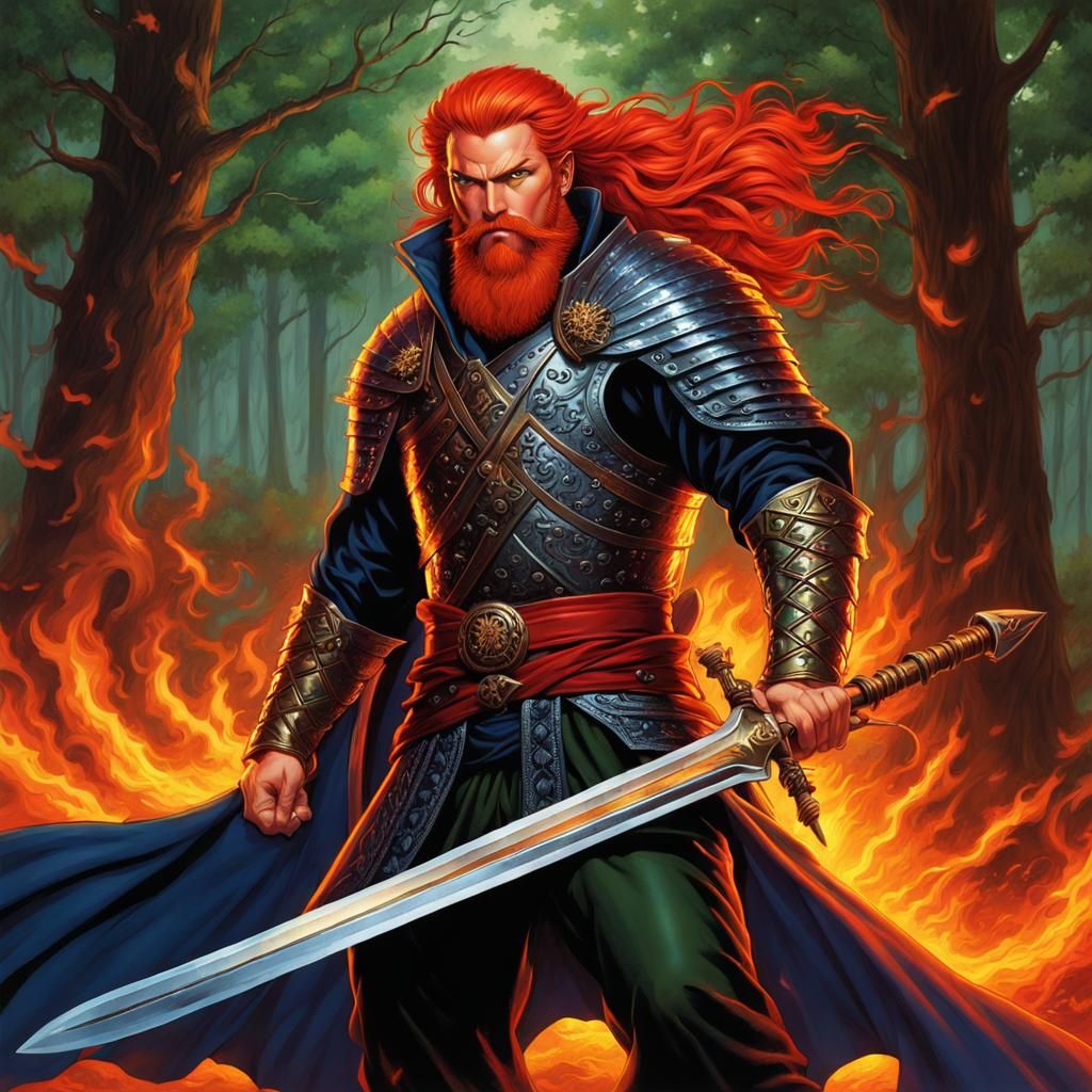 Fantasy Warrior Unleashes Fiery Power in Anime-Inspired Art