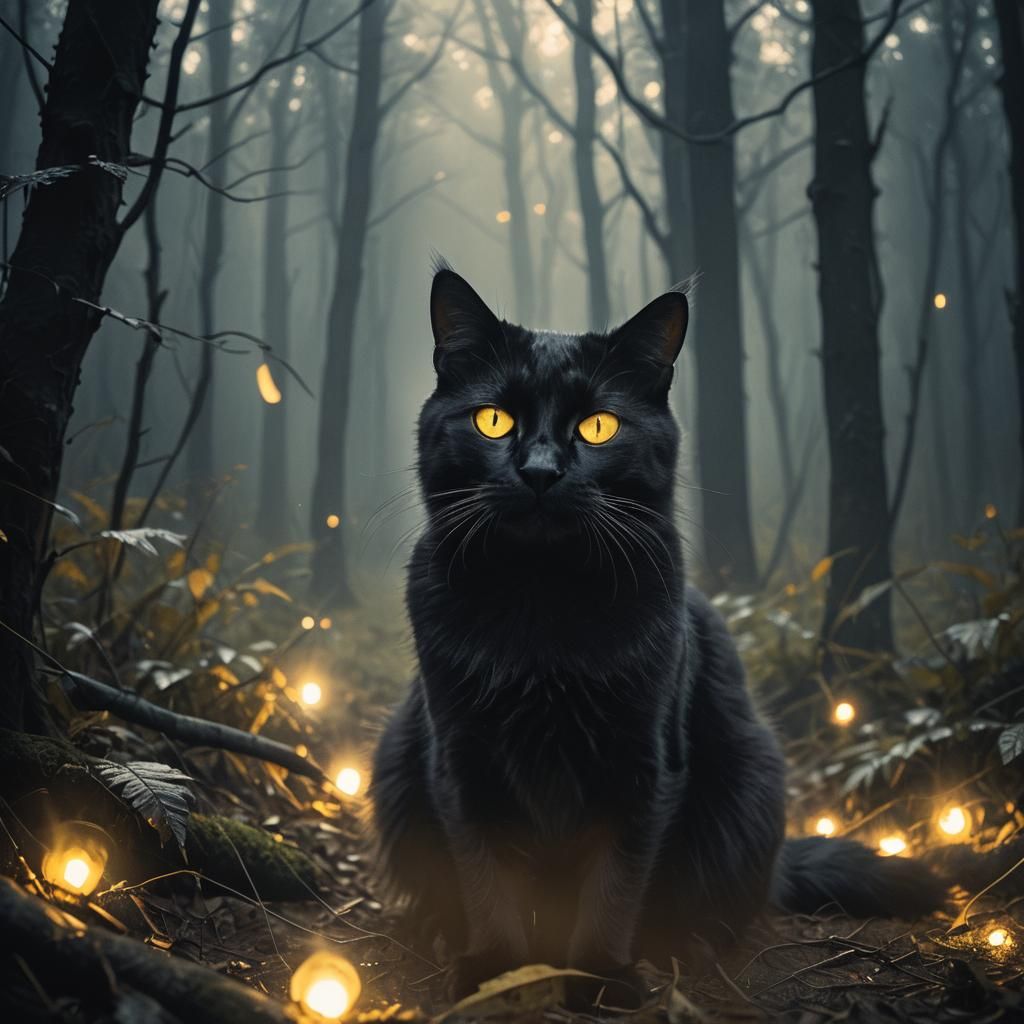 Noir Black Cat in Mystical Forest