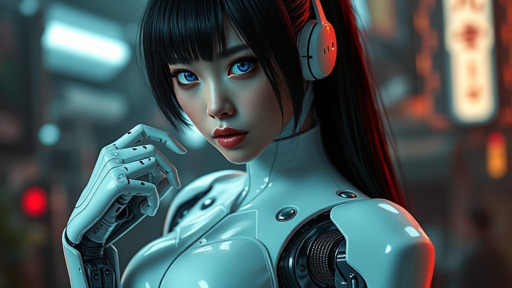Asian Android Cyborg in Cyberpunk Style