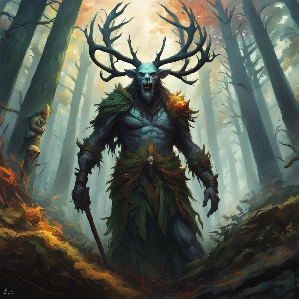 Macabre Forest God Confronts Hunters: Hyperrealistic Splash ...