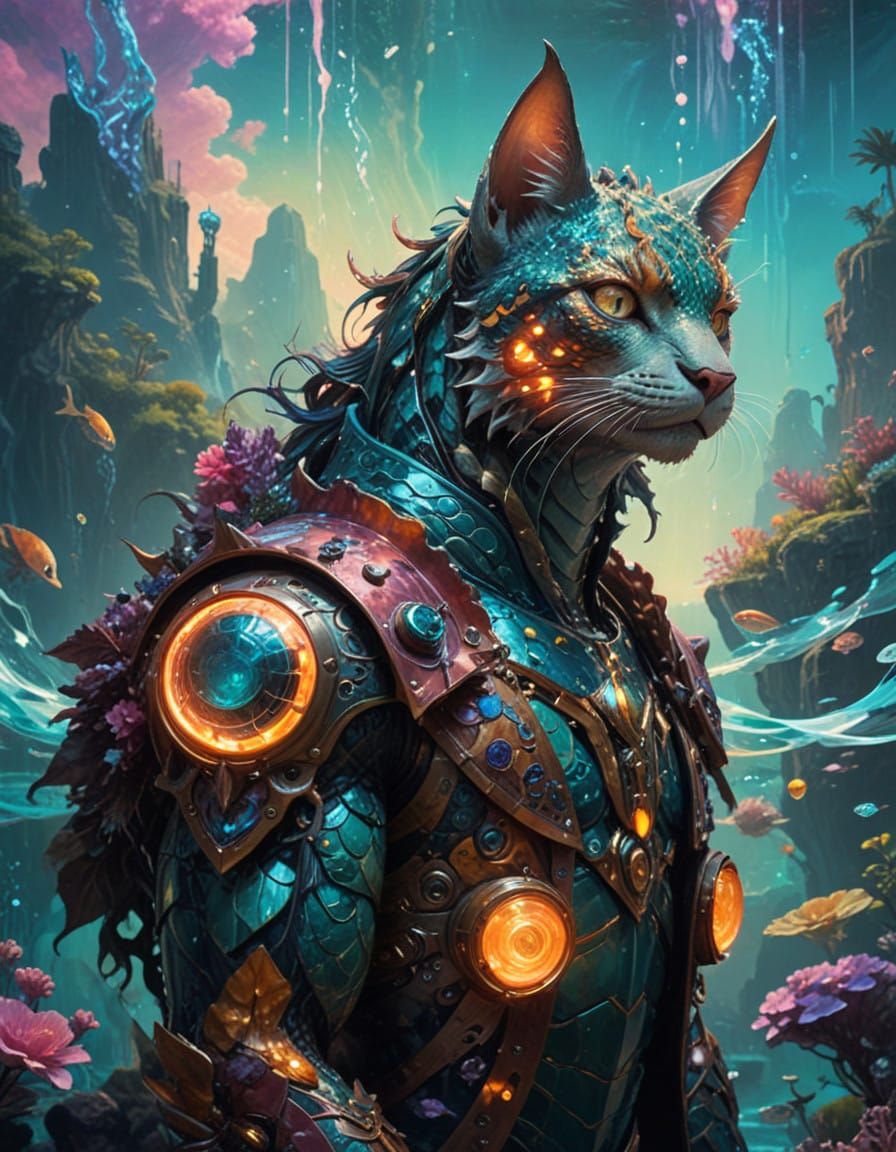 Ethereal Aquatic Warrior in Art Nouveau Style