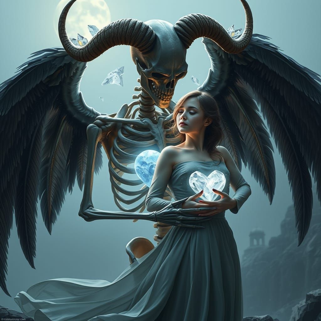 Skeletal Figure Embraces Woman in Gothic Dreamscape