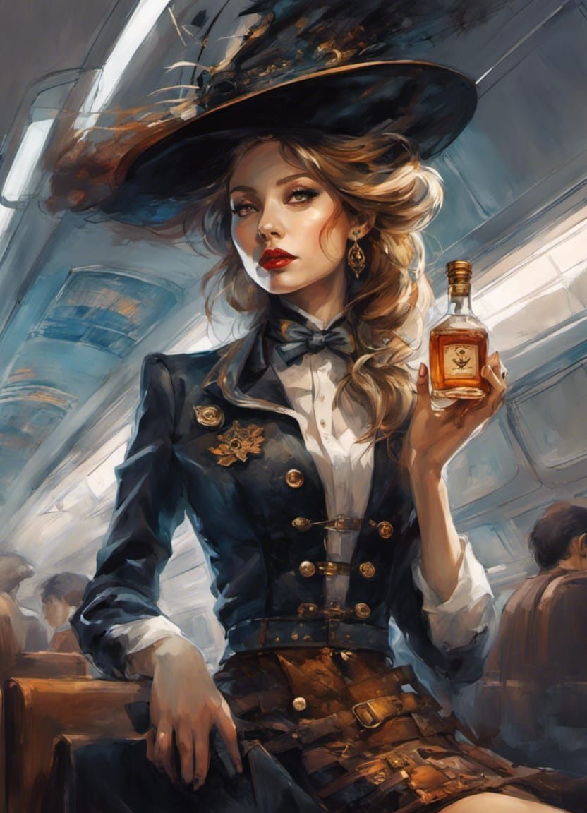 Stewardess Witch with Airplane Motifs in Dark Fantasy