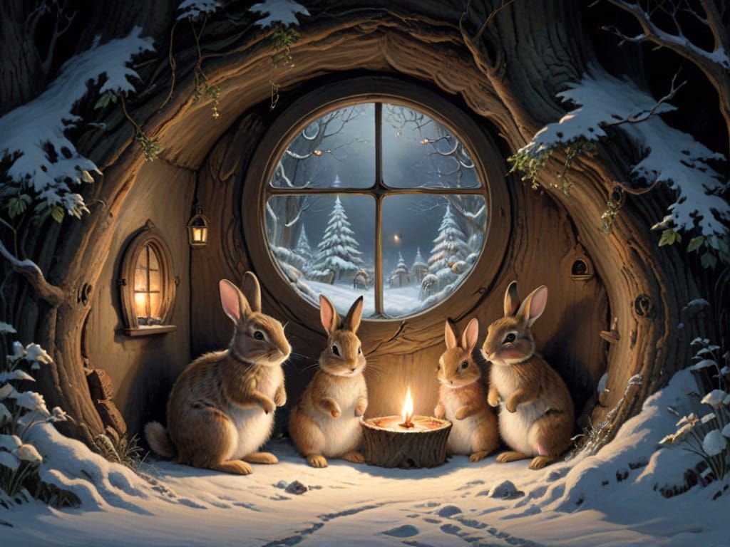 A Cozy Rabbit Family Awaits Winter's Peace in a Snowy Forest