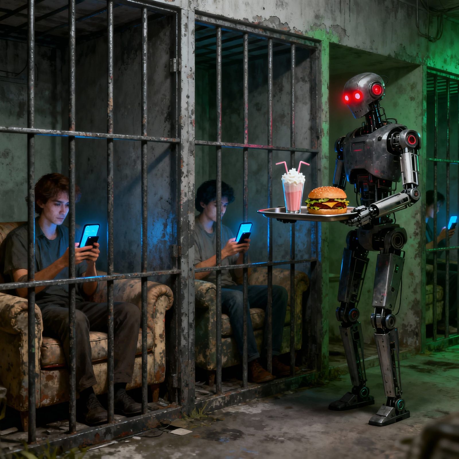 Sinister Robot Serves Food to People in Grimy Cages