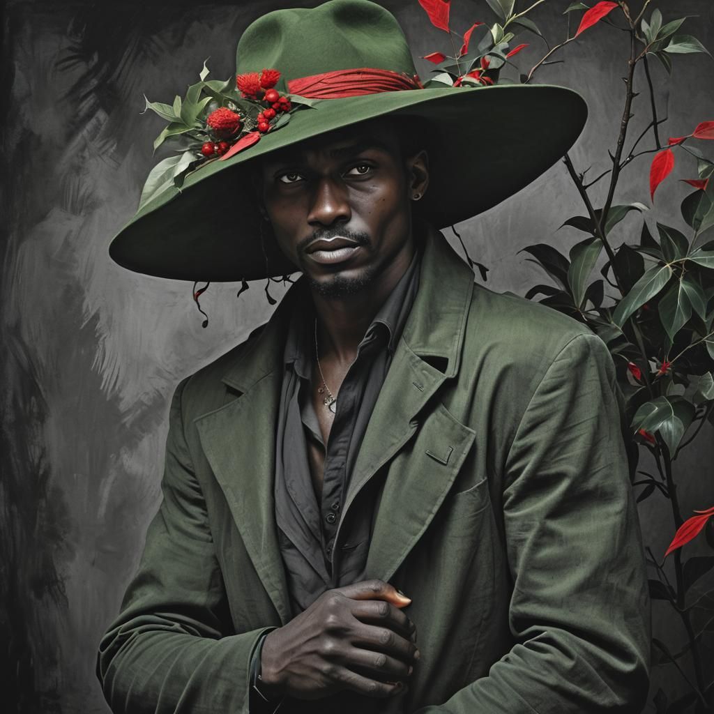 Man in Wide Brim Hat with Red Accents