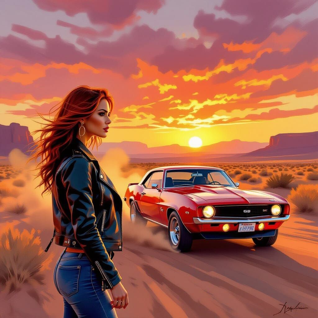 Woman and Muscle Car in Desert Sunset Oil Painting