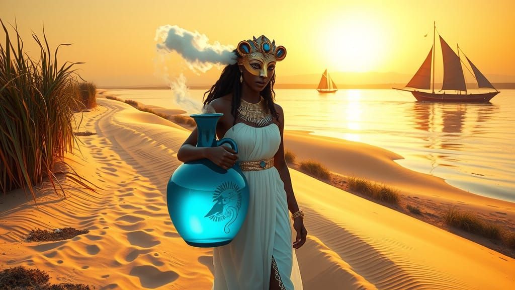 Regal Egyptian Goddess Walks Nile Riverbank at Sunset
