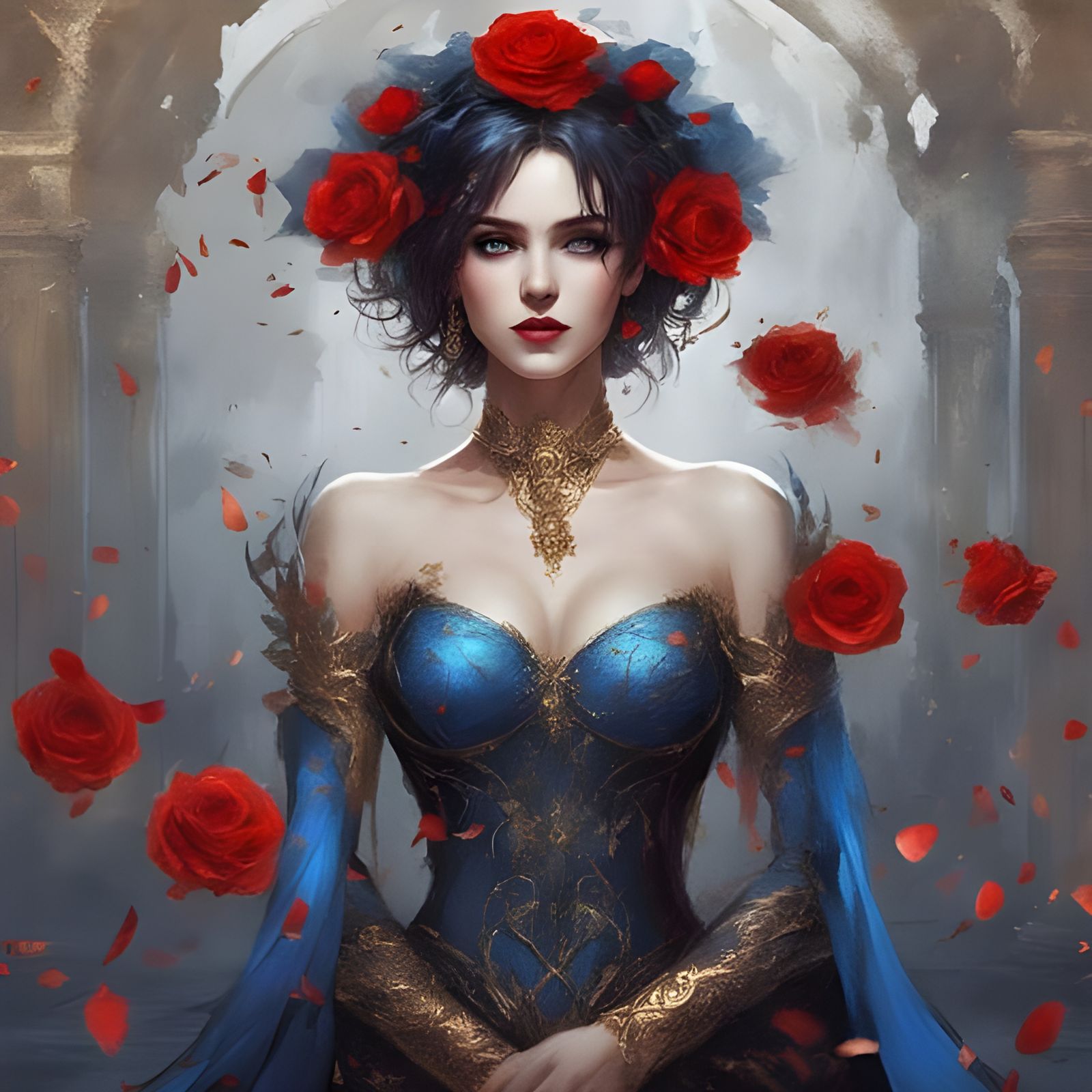 Gothic Beauty in Rose Petals, Digital Art