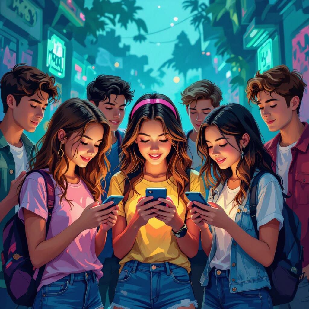 Girls Texting, Mocked by Boys: Matte Painting Style