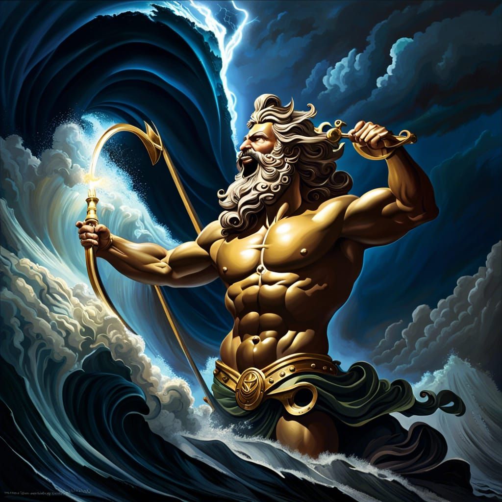 Greek God Poseidon laughing in angy dark water