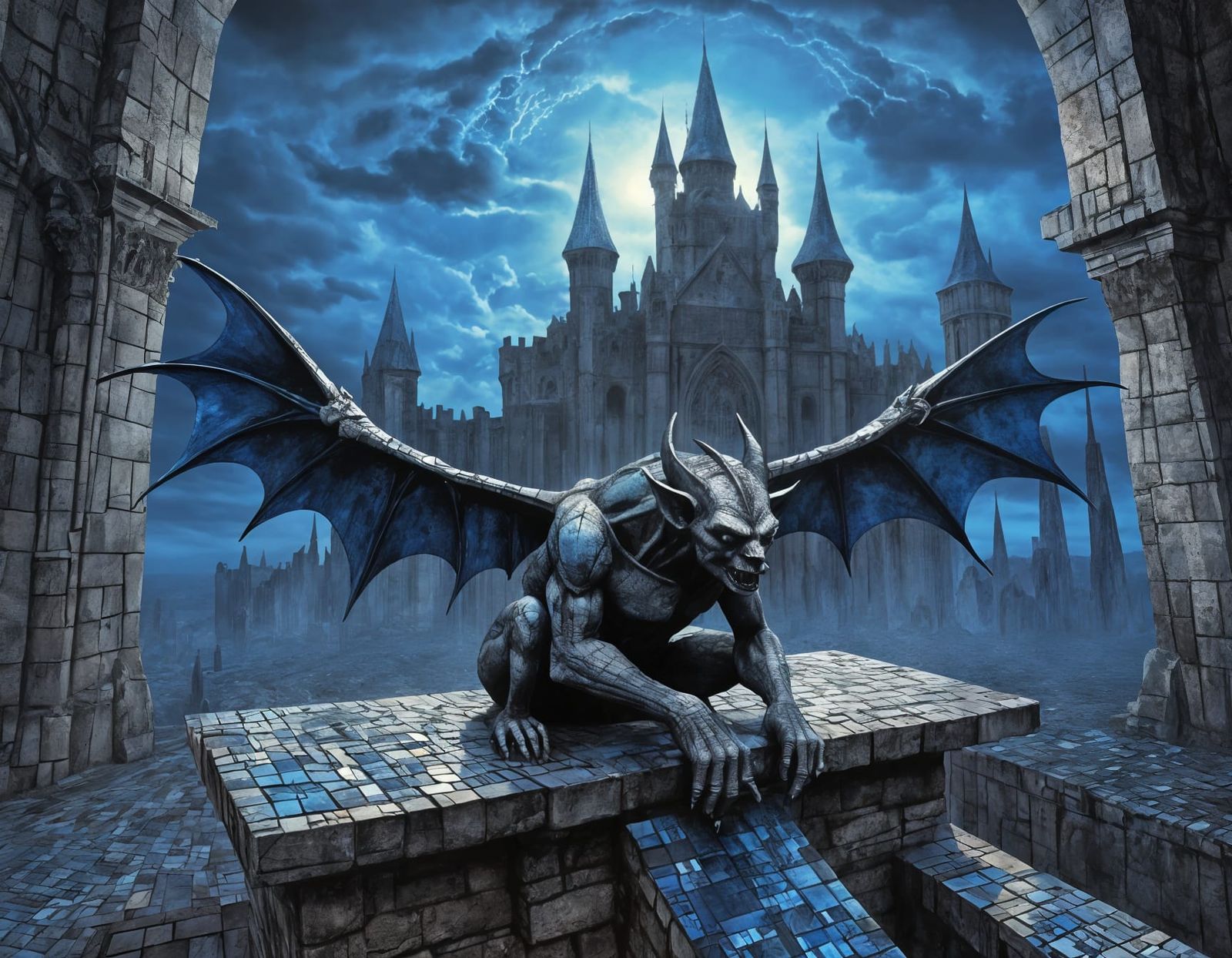 Gothic Gargoyle Mosaic in Eerie, Mystical Atmosphere