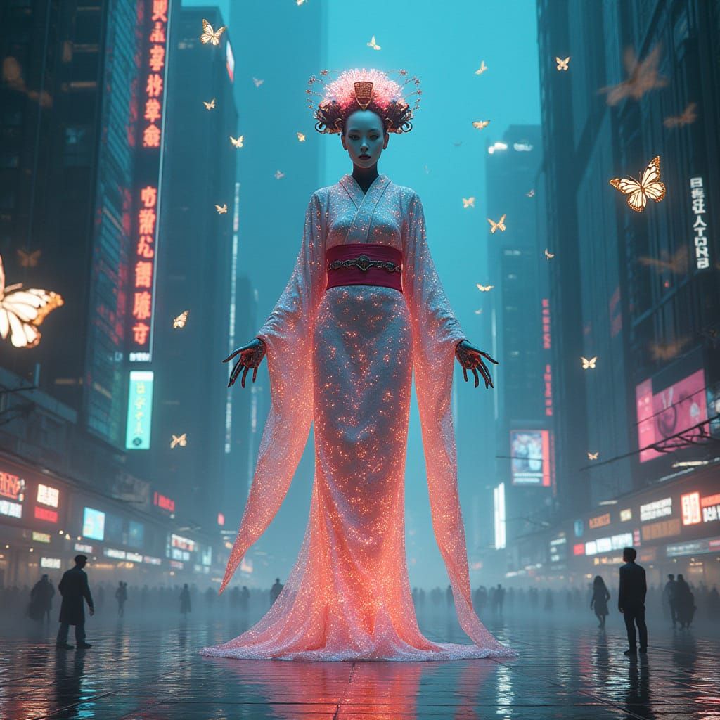 Surreal Cyberpunk Android Goddess in Holographic Kimono