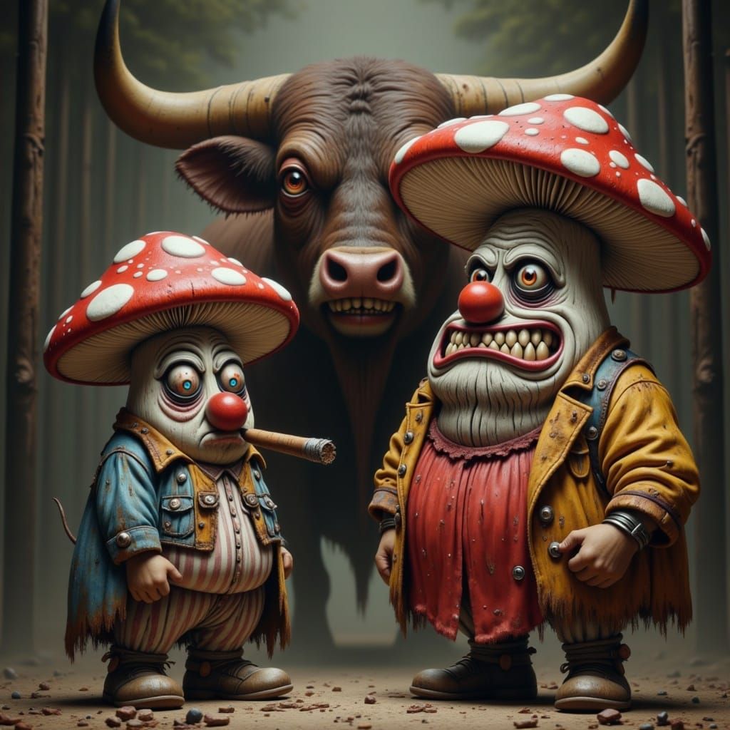 Sad Mushroom Clown Faces Angry Bull in Surreal Rodeo Scene