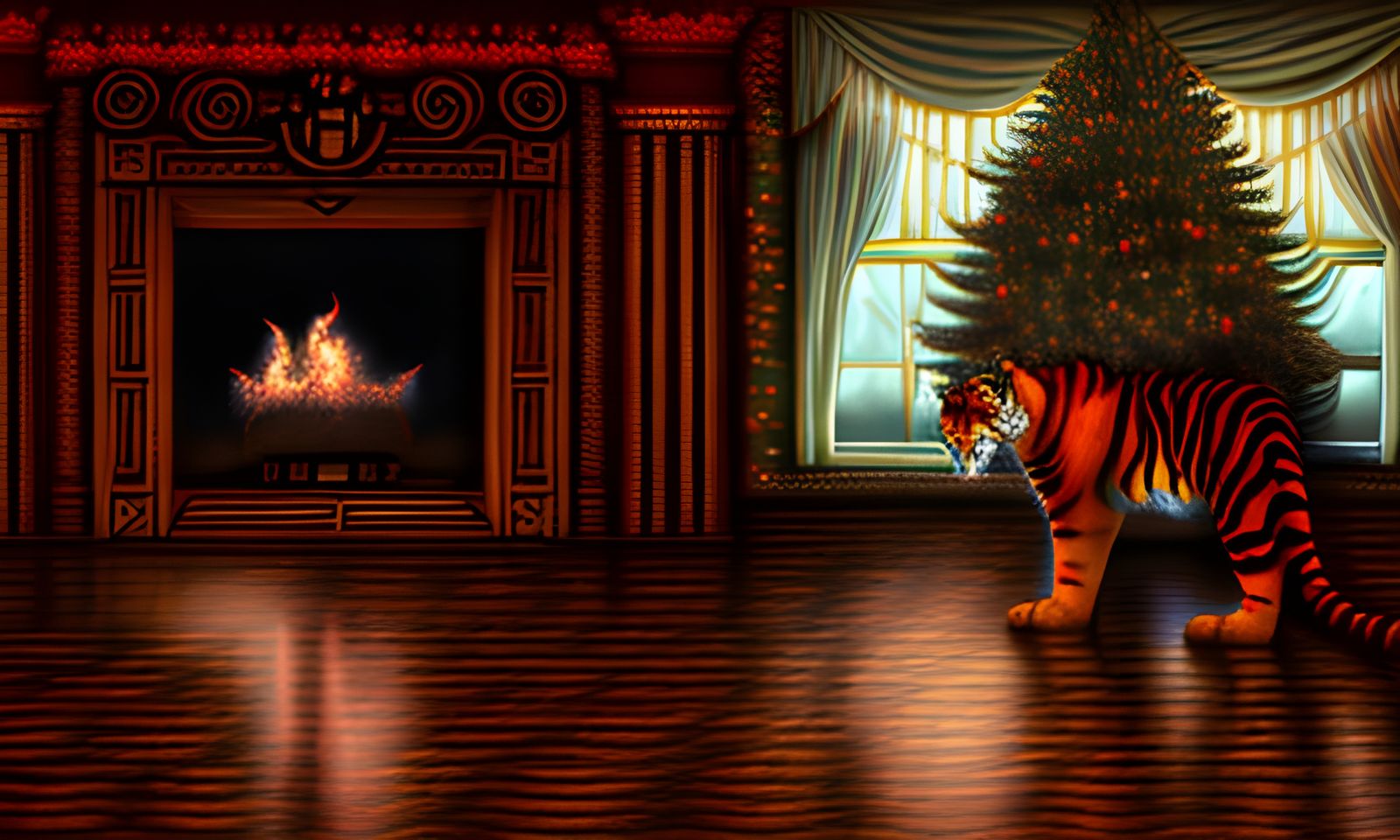 Tiger Enjoys Christmas by Fireplace: Digital Painting