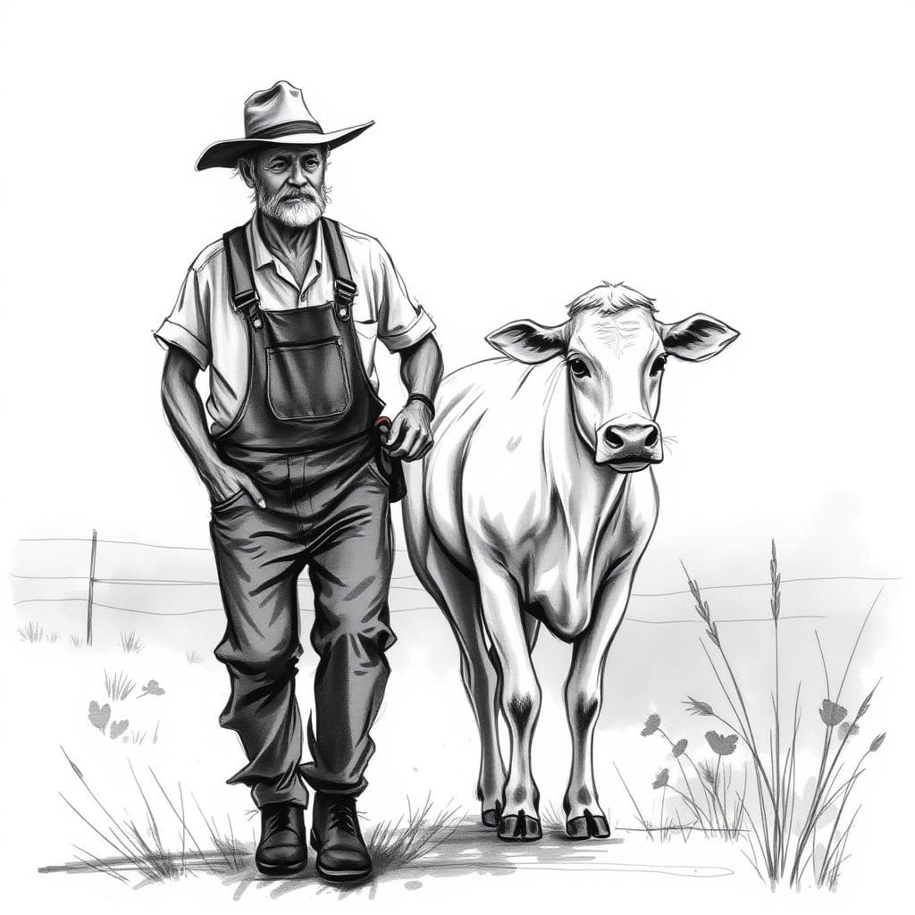 Rustic Farmer and Gentle Cow in Charcoal Sketch